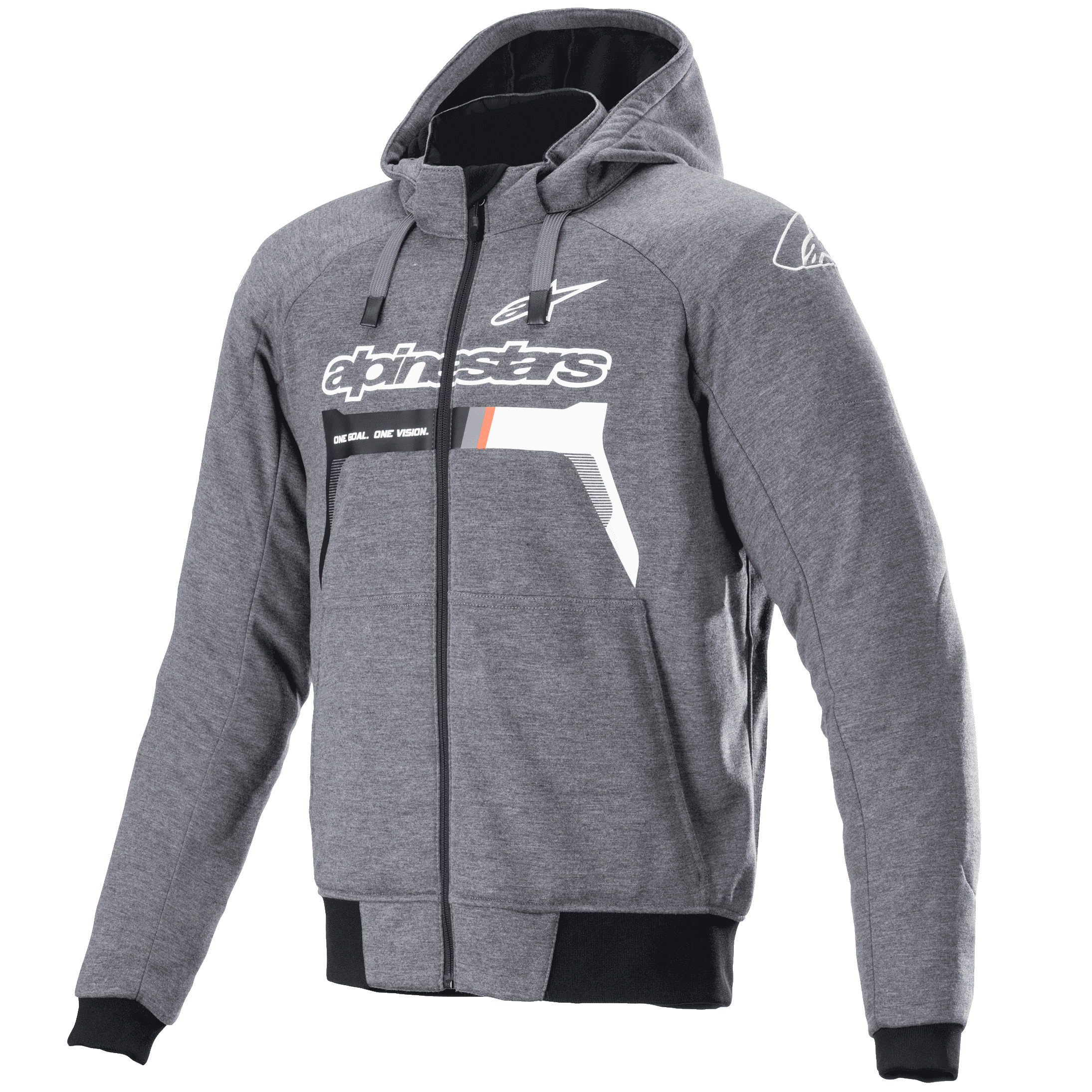 Alpinestars Chrome Ignition Hoodie, melange donkergrijs wit, motorhoodie met ritssluiting, wit Alpinestars-logo en tekst op de borst met oranje details, zwarte geribbelde manchetten en tailleband, casual urban motorkleding