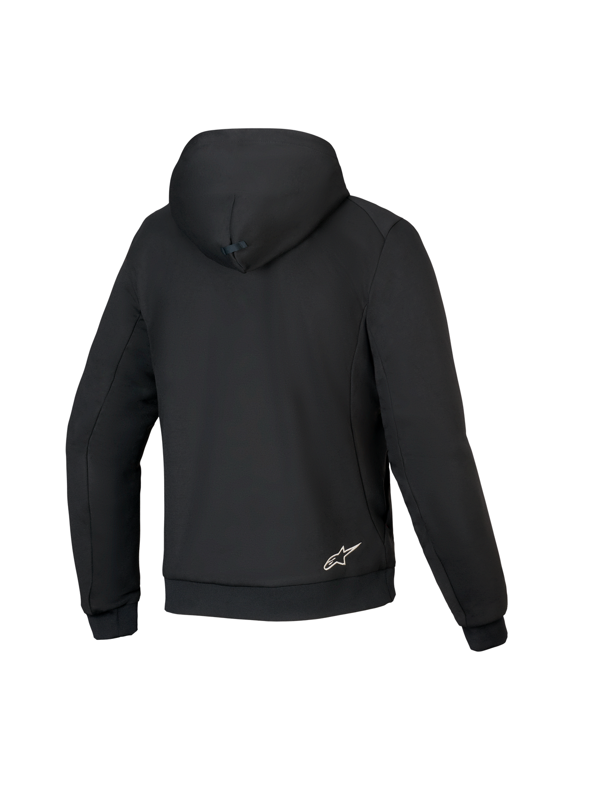 Alpinestars Honda Chrome V3 Sport Hoodie, zwart, achteraanzicht van een motorhoodie, tech fleece constructie, voorzien van een capuchon met drukknoopverbinding, geribbelde manchetten en zoom, en een klein wit Alpinestars-logo op de onderrug