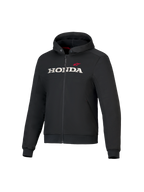 Honda Chrome V3 Sport Hoodie, Black Hooded Jacket with Front Zipper, White HONDA Logo and Red Alpinestars Star on Chest, Long Sleeves with Ribbed Cuffs, Red Hood Lining, Urban Motorcycle Riding Apparel