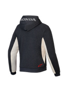 Alpinestars Honda Chrome V3 Sport Hoodie, urban motorhoodie, Anthracite Melange en Off White, achteraanzicht met zilveren Honda-logo op de capuchon en rood Alpinestars-sterlogo op de onderrug, tech fleece constructie