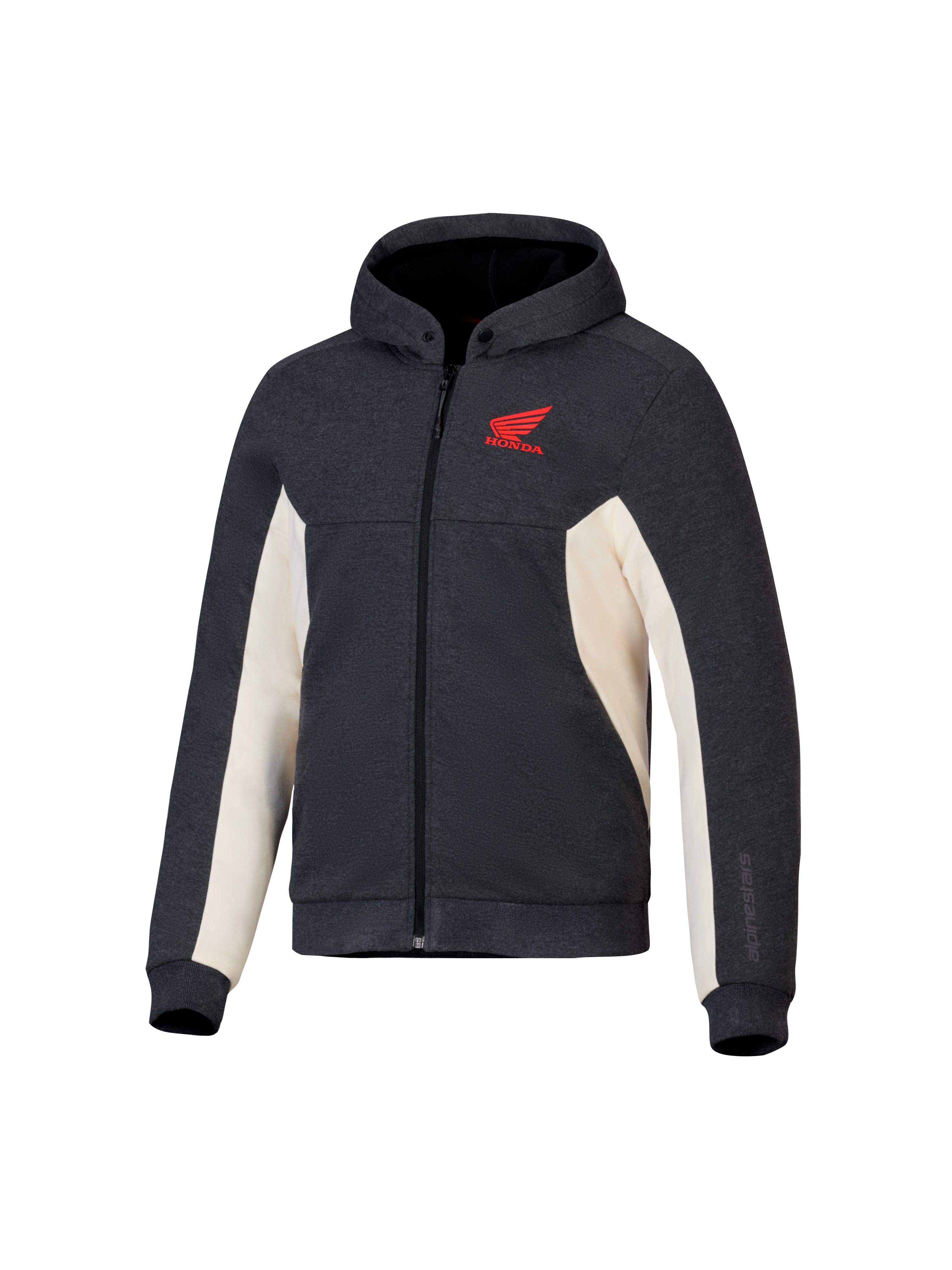 Alpinestars Honda Chrome V3 Sport Hoodie, antraciet melange en off-white, rood Honda Wing-logo op de borst, tech fleece met volledige ritssluiting, capuchon met drukknoopsluiting en geribbelde manchetten, casual urban motorkleding