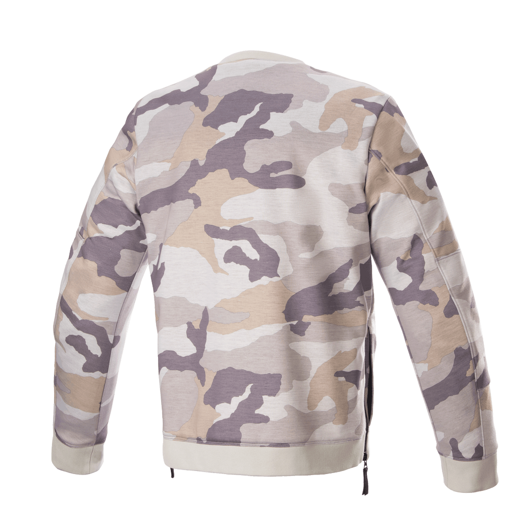 Alpinestars Legit Crew Fleece, motorpullover, Light Gray Camo, achteraanzicht, camouflagepatroon in grijstinten en beige, geribbelde kraag en zoom, zijritsen, casual stedelijke motorkleding