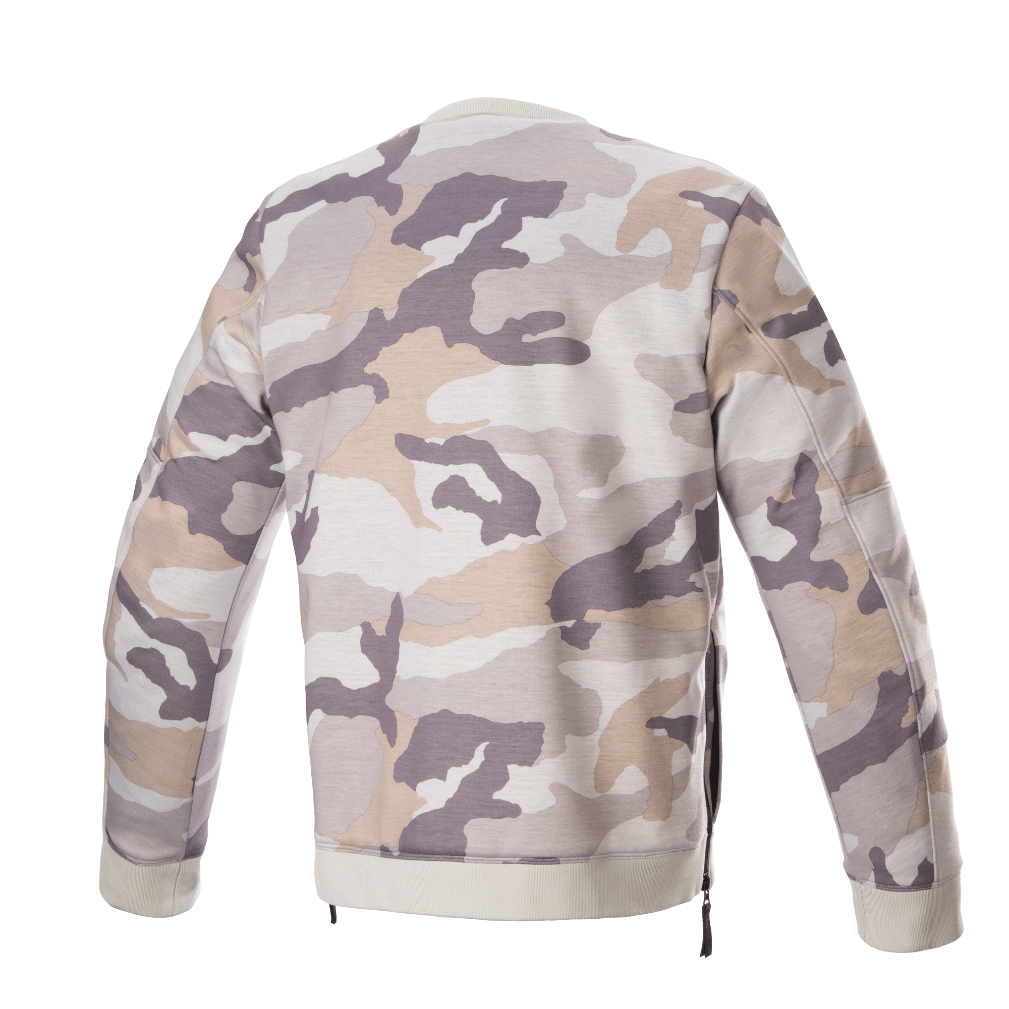 Alpinestars Legit Crew Fleece, motorpullover, Light Gray Camo, achteraanzicht, camouflagepatroon in grijstinten en beige, geribbelde kraag en zoom, zijritsen, casual stedelijke motorkleding