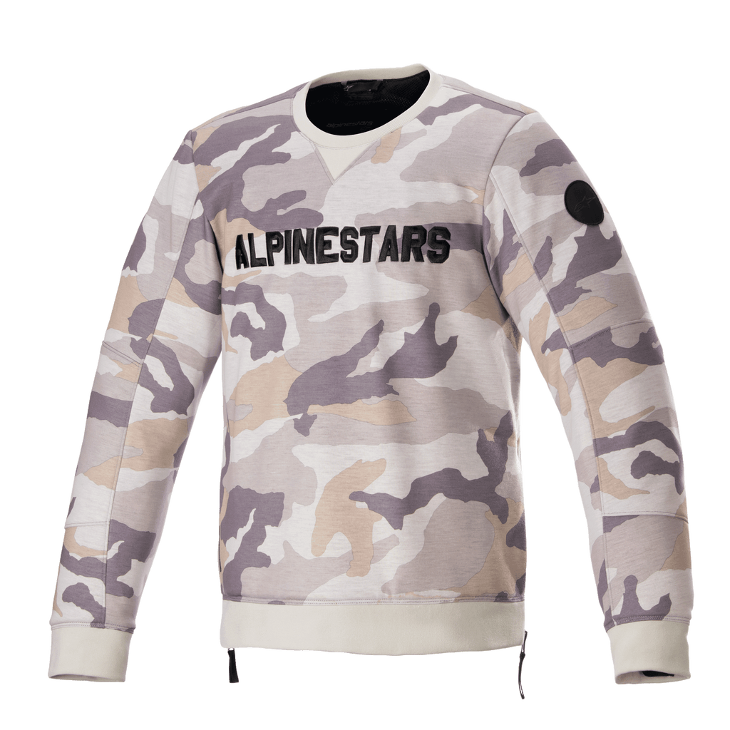 Alpinestars Legit Crew Fleece, motorpullover, lichtgrijze camouflage, opvallend zwart ALPINESTARS-logo op de borst, zwarte ronde patch op de mouw, geribde manchetten en zoom, casual stedelijke motorkleding