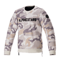 Alpinestars Legit Crew Fleece, motorpullover, lichtgrijze camouflage, opvallend zwart ALPINESTARS-logo op de borst, zwarte ronde patch op de mouw, geribde manchetten en zoom, casual stedelijke motorkleding