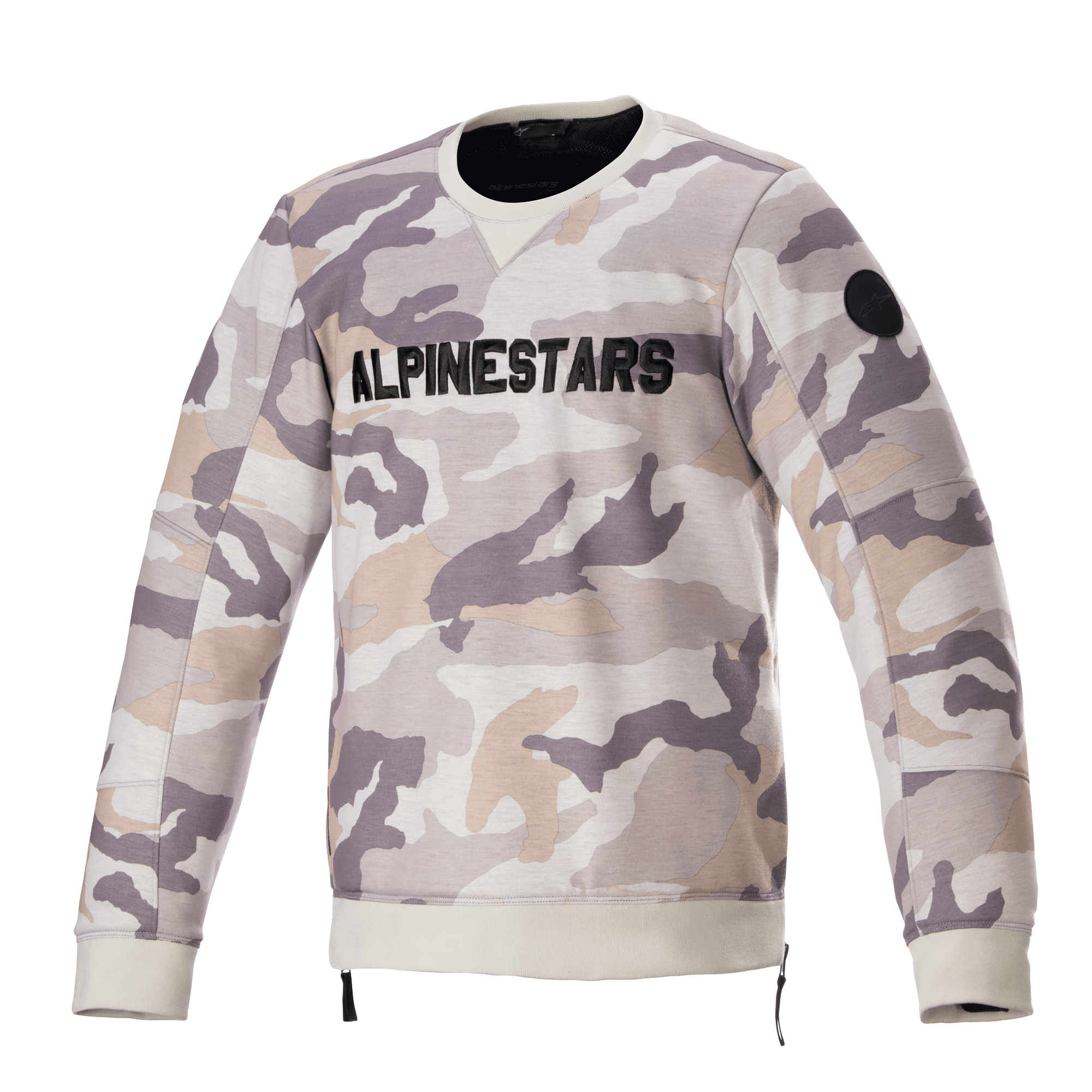 Alpinestars Legit Crew Fleece, motorpullover, lichtgrijze camouflage, opvallend zwart ALPINESTARS-logo op de borst, zwarte ronde patch op de mouw, geribde manchetten en zoom, casual stedelijke motorkleding