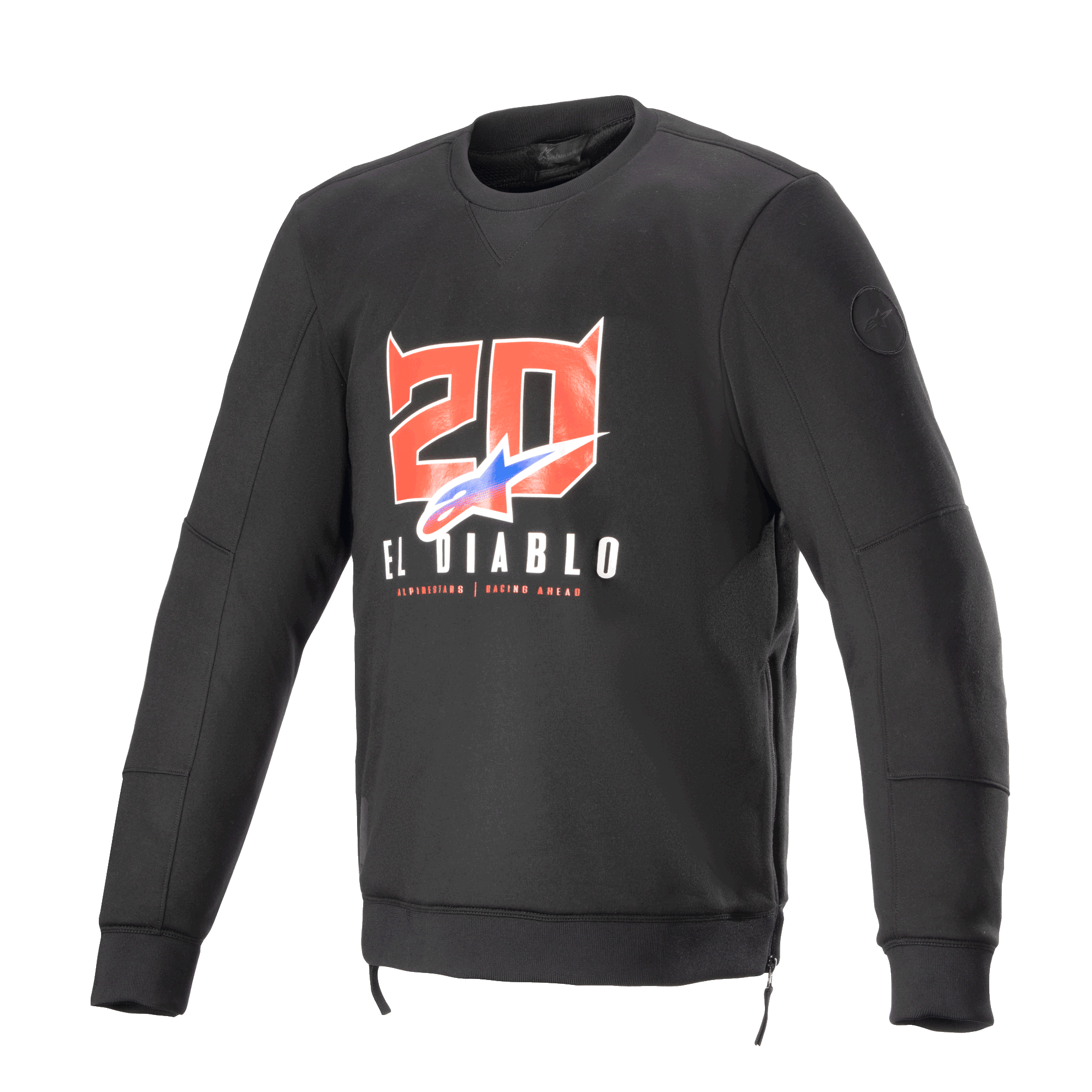 Alpinestars FQ20 Legit Crew Fleece, zwart motor-sweatshirt met lange mouwen, voorzien van rood gehoornd duivelscijfer '20' en 'El Diablo' graphics op de borst, logo met blauw en rood kleurverloop, zijritsen en geribbelde boorden, casual urban motorkleding