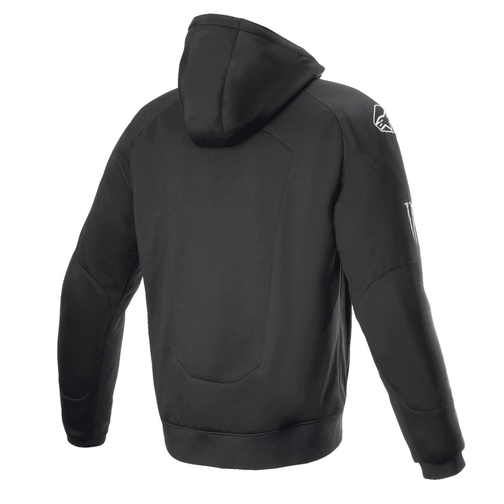 Alpinestars FQ20 Chrome Ignition Monster Hoodie, zwarte motorhoodie, achteraanzicht, wit Alpinestars-logo op de schouder, Monster Energy-branding op de mouw, casual stedelijk ontwerp met beschermende textielconstructie
