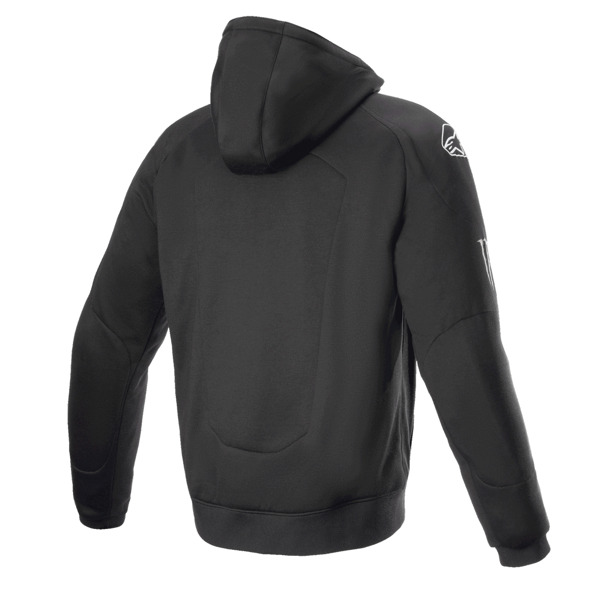 Alpinestars FQ20 Chrome Ignition Monster Hoodie, zwarte motorhoodie, achteraanzicht, wit Alpinestars-logo op de schouder, Monster Energy-branding op de mouw, casual stedelijk ontwerp met beschermende textielconstructie