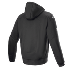 Alpinestars FQ20 Chrome Ignition Monster Hoodie, zwarte motorhoodie, achteraanzicht, wit Alpinestars-logo op de schouder, Monster Energy-branding op de mouw, casual stedelijk ontwerp met beschermende textielconstructie
