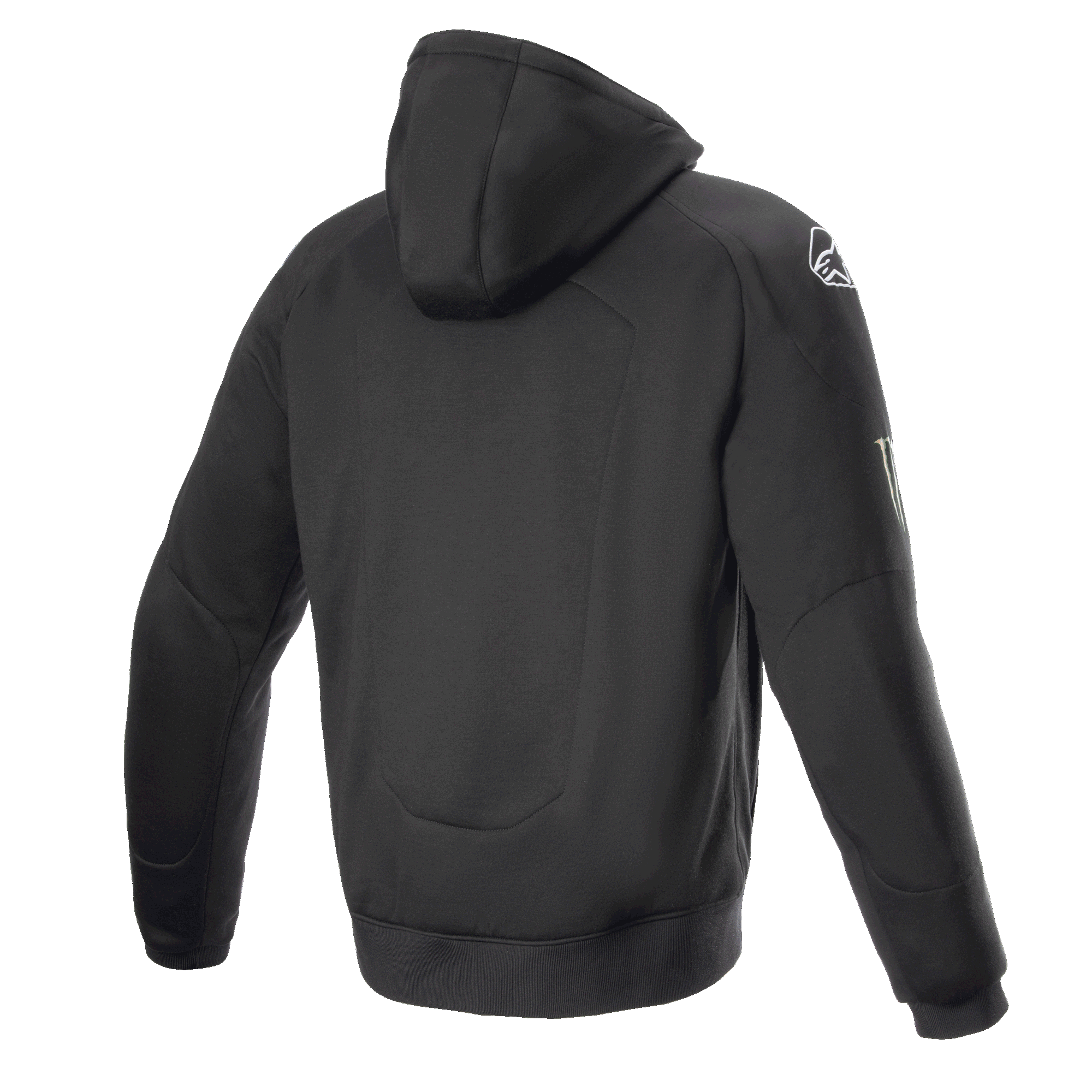 Alpinestars FQ20 Chrome Ignition Monster Hoodie, zwarte motorhoodie, achteraanzicht, wit Alpinestars-logo op de schouder, Monster Energy-branding op de mouw, casual stedelijk ontwerp met beschermende textielconstructie