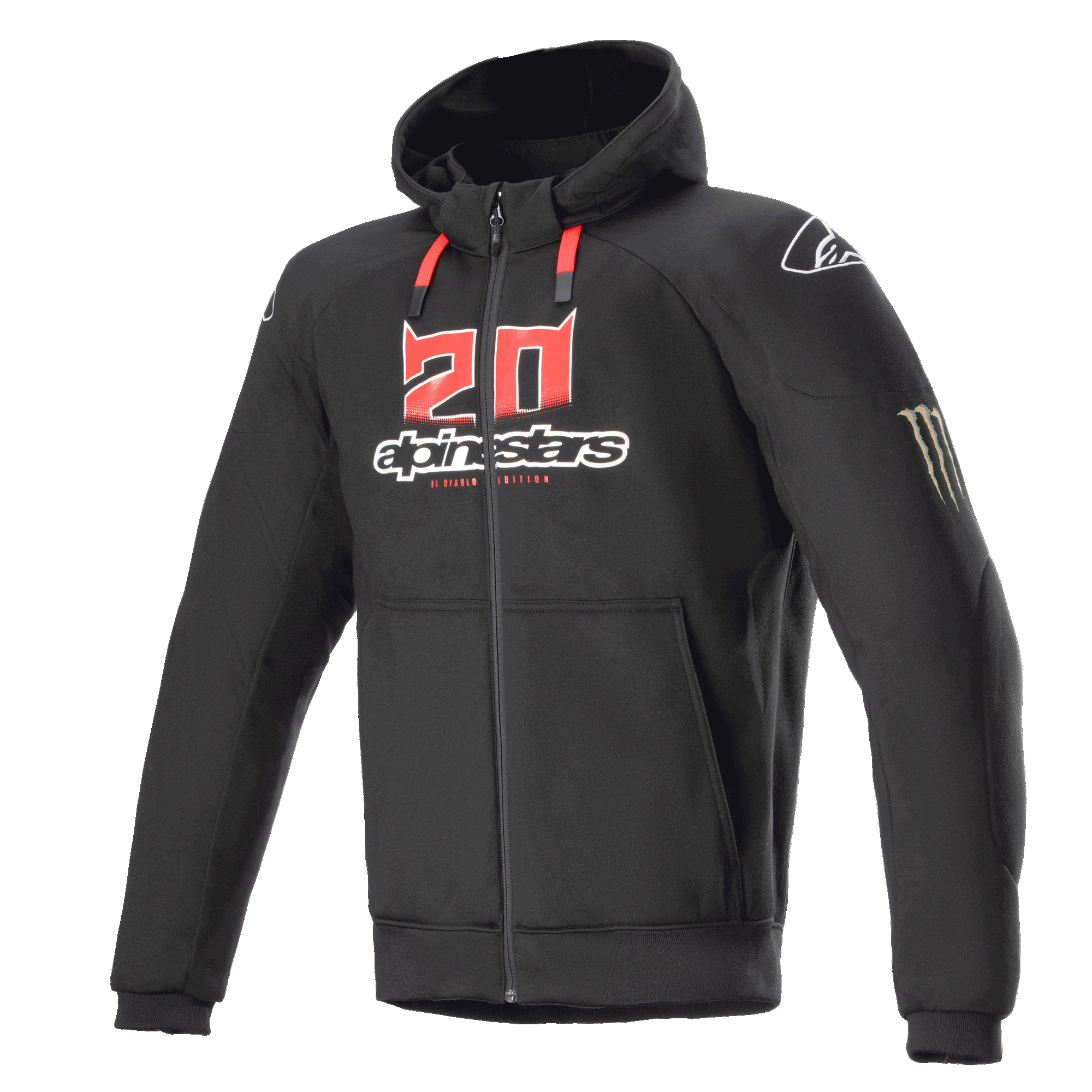 Alpinestars FQ20 Chrome Ignition Monster hoodie, zwarte motorhoodie met rits, rood en wit '20'-logo op de borst, Alpinestars-woordmerk, rode trekkoorden, wit logo op de schouder, Monster Energy-klauw op de mouw, beschermende urban motorkleding