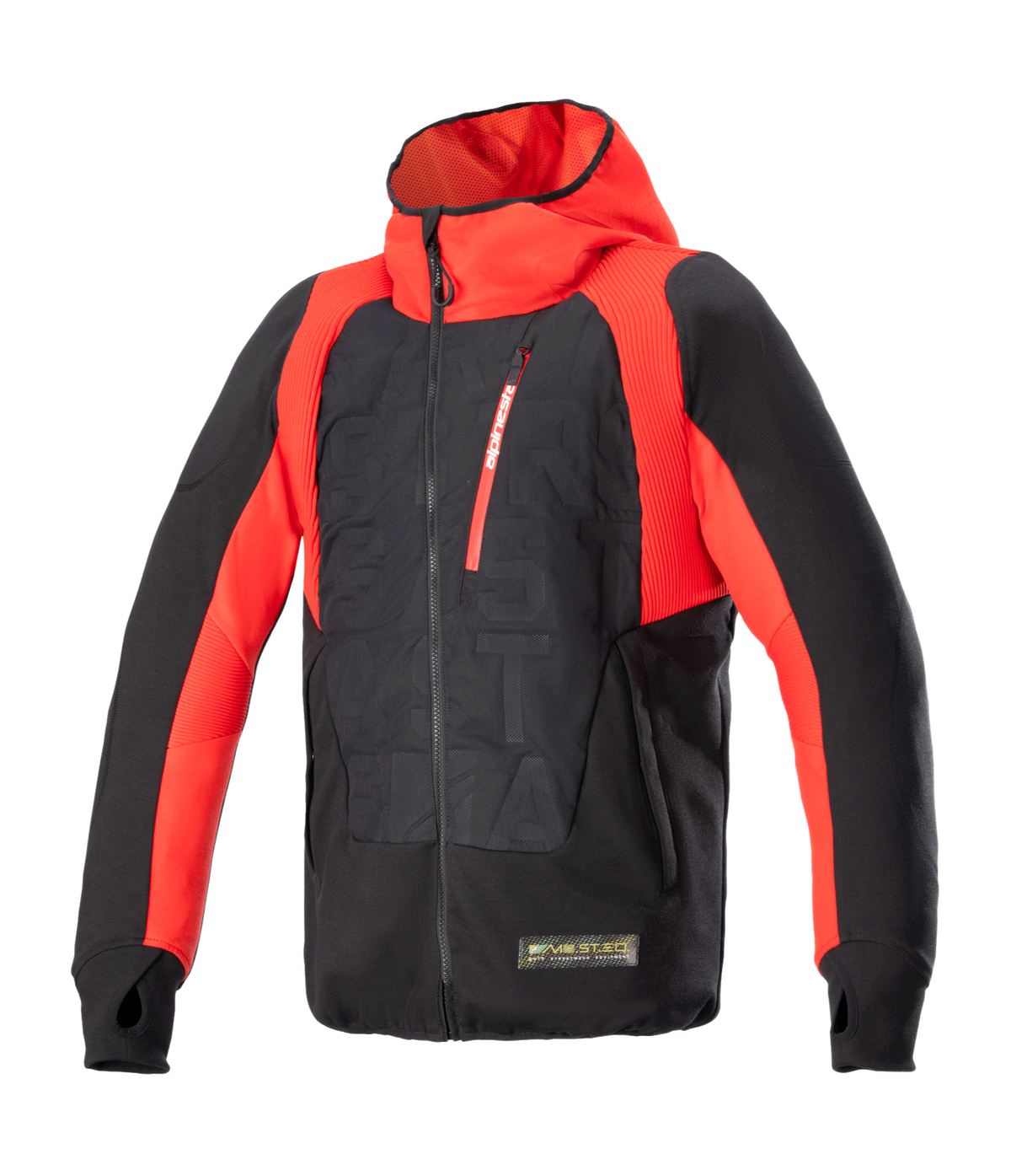 Alpinestars MO.ST.EQ Hybrid Hooded Jacket, zwart en vlamrood, technische motorhoodie met schuine rits aan de voorzijde, rode borstzak, reliëfpatroon op de romp en duimlussen, een combinatie van urban streetwear en beschermende motorkleding