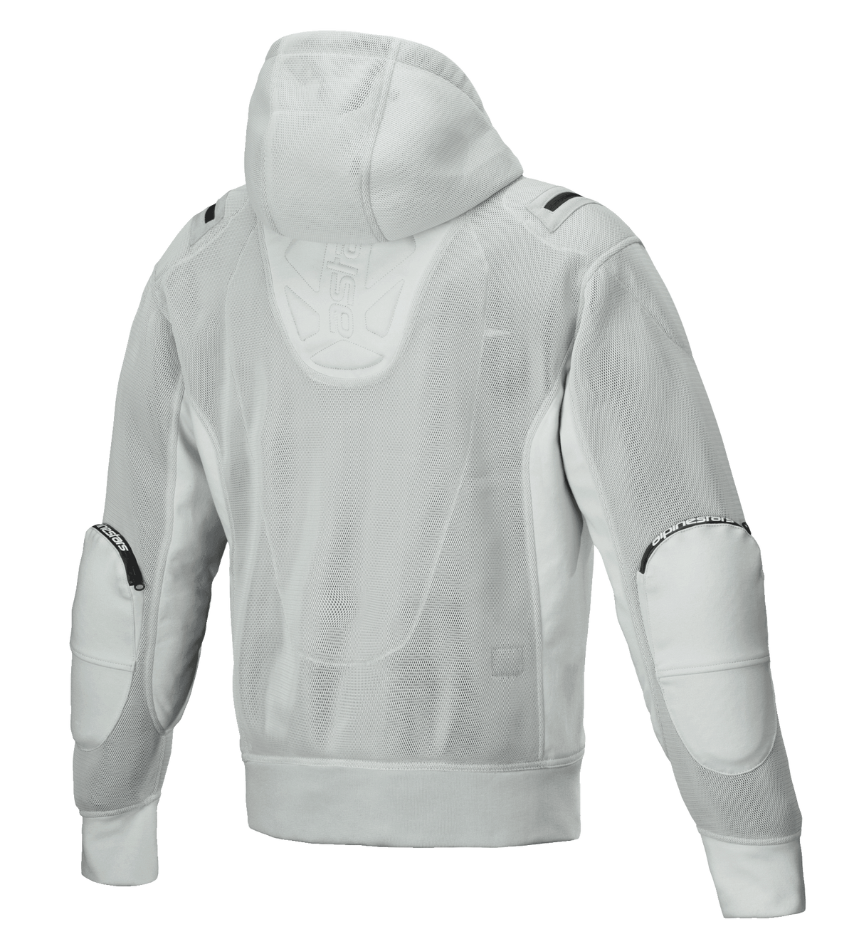 Alpinestars Moflow Air Tech Hoodie, herenmotorjas, grijs, achteraanzicht met volledige mesh-constructie van hoge dichtheid, mesh capuchon, versterkte elleboogpanelen en subtiele Alpinestars-branding, urban tech-wear design