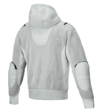 Alpinestars Moflow Air Tech Hoodie, herenmotorjas, grijs, achteraanzicht met volledige mesh-constructie van hoge dichtheid, mesh capuchon, versterkte elleboogpanelen en subtiele Alpinestars-branding, urban tech-wear design