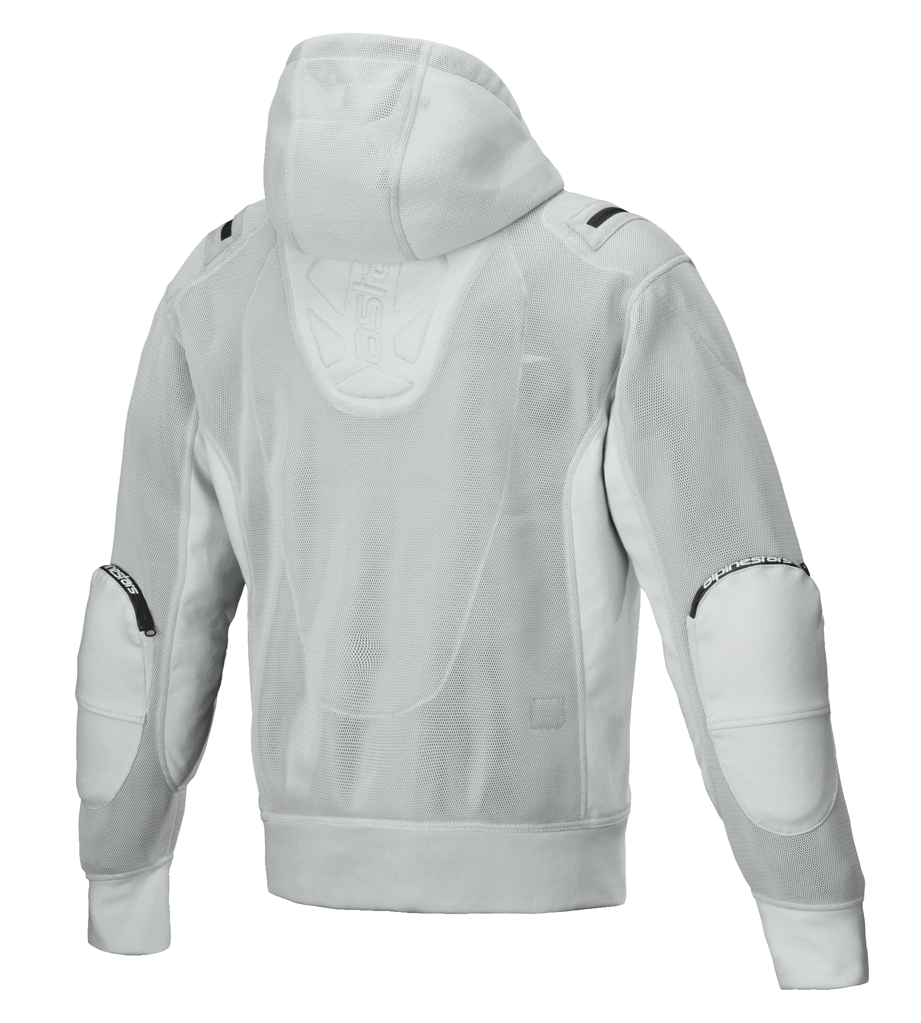 Alpinestars Moflow Air Tech Hoodie, herenmotorjas, grijs, achteraanzicht met volledige mesh-constructie van hoge dichtheid, mesh capuchon, versterkte elleboogpanelen en subtiele Alpinestars-branding, urban tech-wear design
