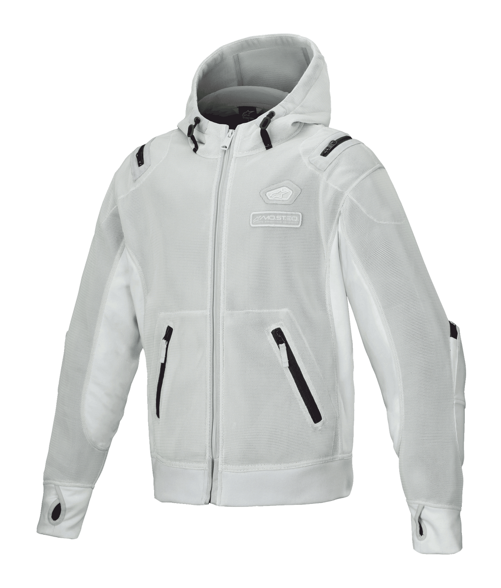 Alpinestars Moflow Air Tech Hoodie, heren mesh motorjas, lichtgrijs met zwarte accenten, volledige mesh-constructie, zakken met ritssluiting, manchetten met duimgaten, urban motorkleding