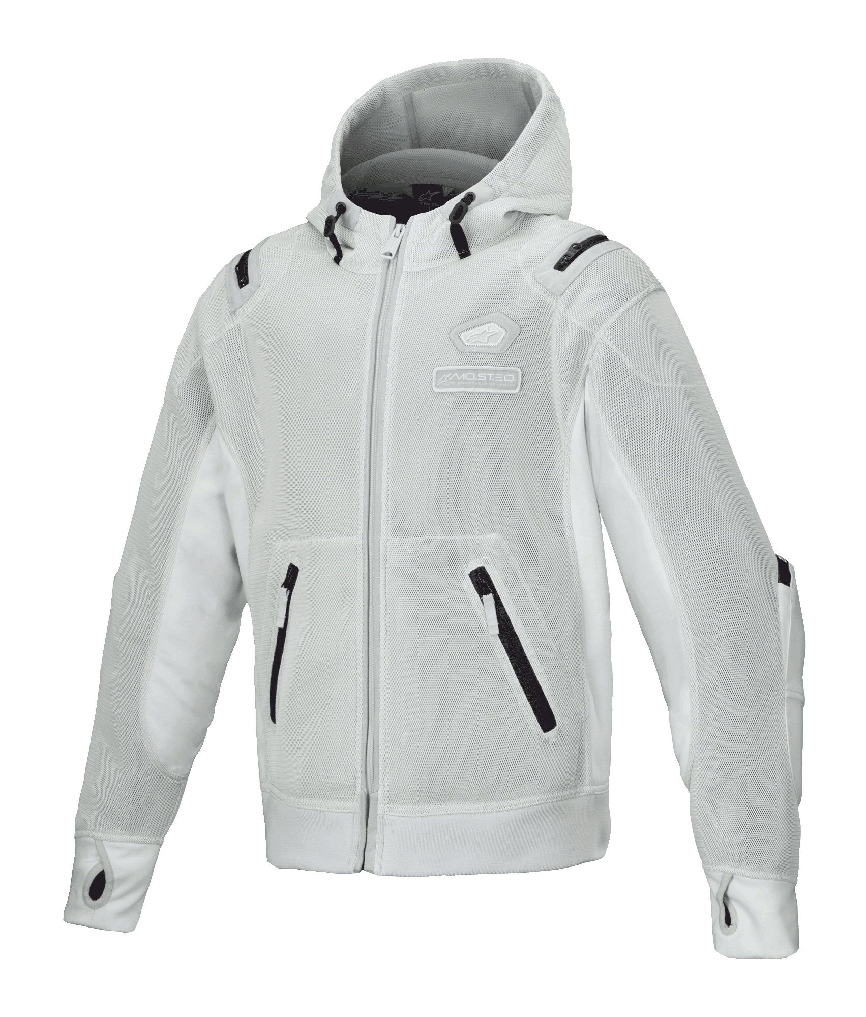 Alpinestars Moflow Air Tech Hoodie, heren mesh motorjas, lichtgrijs met zwarte accenten, volledige mesh-constructie, zakken met ritssluiting, manchetten met duimgaten, urban motorkleding