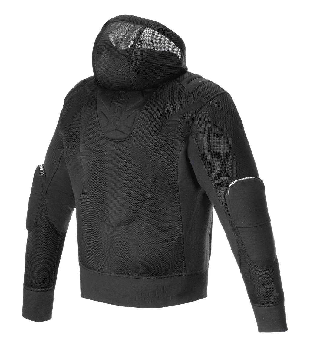 Alpinestars Moflow Air Tech Hoodie, motorjas voor heren, zwart, achteraanzicht met volledige mesh-constructie met hoge dichtheid, geïntegreerde mesh capuchon en beschermende elleboogpanelen, ontworpen voor maximale ventilatie en stedelijke stijl