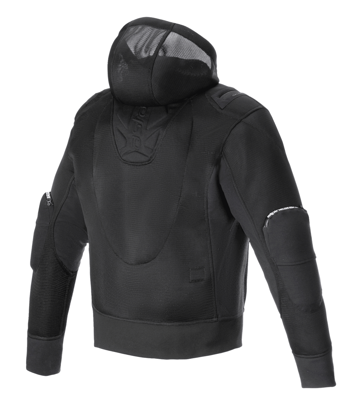 Alpinestars Moflow Air Tech Hoodie, motorjas voor heren, zwart, achteraanzicht met volledige mesh-constructie met hoge dichtheid, geïntegreerde mesh capuchon en beschermende elleboogpanelen, ontworpen voor maximale ventilatie en stedelijke stijl