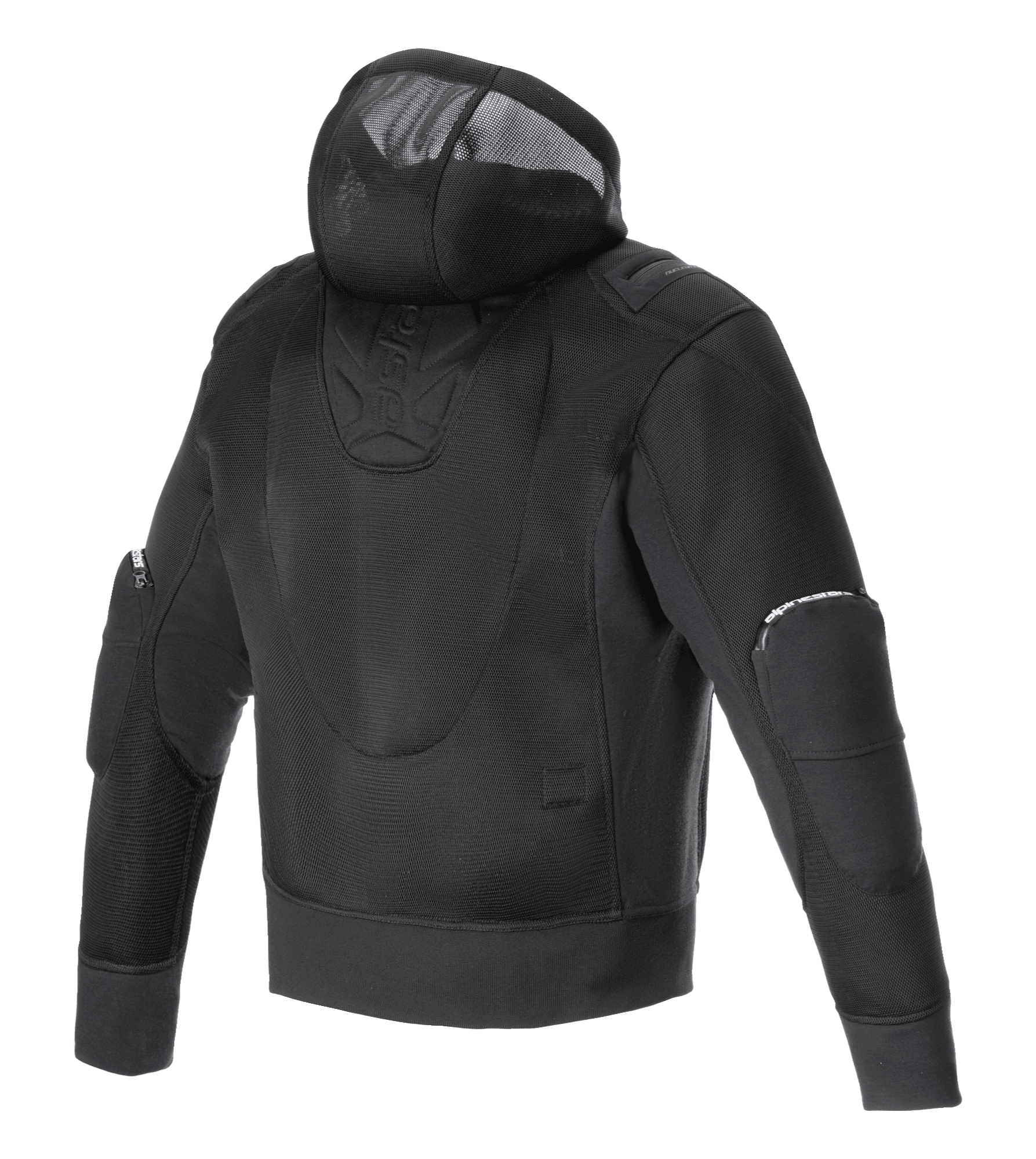 Alpinestars Moflow Air Tech Hoodie, motorjas voor heren, zwart, achteraanzicht met volledige mesh-constructie met hoge dichtheid, geïntegreerde mesh capuchon en beschermende elleboogpanelen, ontworpen voor maximale ventilatie en stedelijke stijl