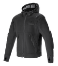 Alpinestars Moflow Air Tech Hoodie, zwarte motorhoodie met mesh-chassis met hoge dichtheid, zijzakken met ritssluiting, duimgaten bij de manchetten, geïntegreerde schouder- en elleboogbescherming, mesh capuchon met trekkoord, urban sportief design voor rijden bij warm weer