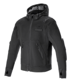 Alpinestars Moflow Air Tech Hoodie, zwarte motorhoodie met mesh-chassis met hoge dichtheid, zijzakken met ritssluiting, duimgaten bij de manchetten, geïntegreerde schouder- en elleboogbescherming, mesh capuchon met trekkoord, urban sportief design voor rijden bij warm weer