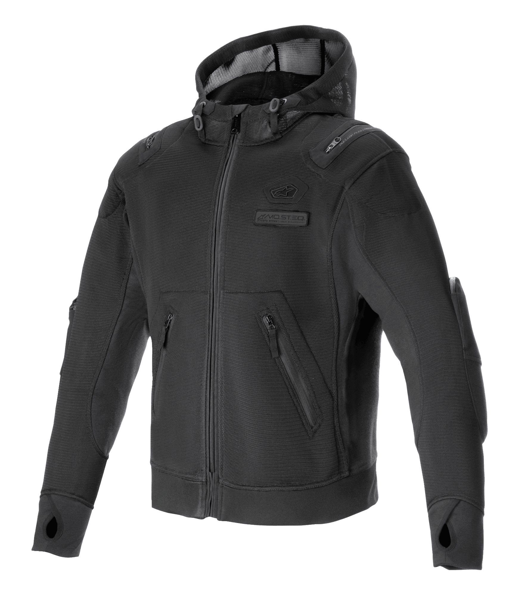 Alpinestars Moflow Air Tech Hoodie, zwarte motorhoodie met mesh-chassis met hoge dichtheid, zijzakken met ritssluiting, duimgaten bij de manchetten, geïntegreerde schouder- en elleboogbescherming, mesh capuchon met trekkoord, urban sportief design voor rijden bij warm weer