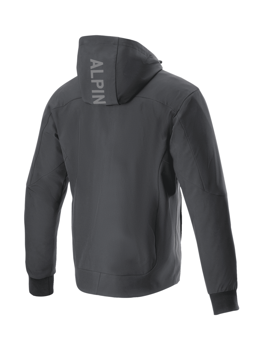 Alpinestars Radium Tech Hoodie, zwarte winddichte urban motorjas voor heren, rugaanzicht met logo op de capuchon.