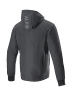 Alpinestars Radium Tech Hoodie, zwarte winddichte urban motorjas voor heren, rugaanzicht met logo op de capuchon.