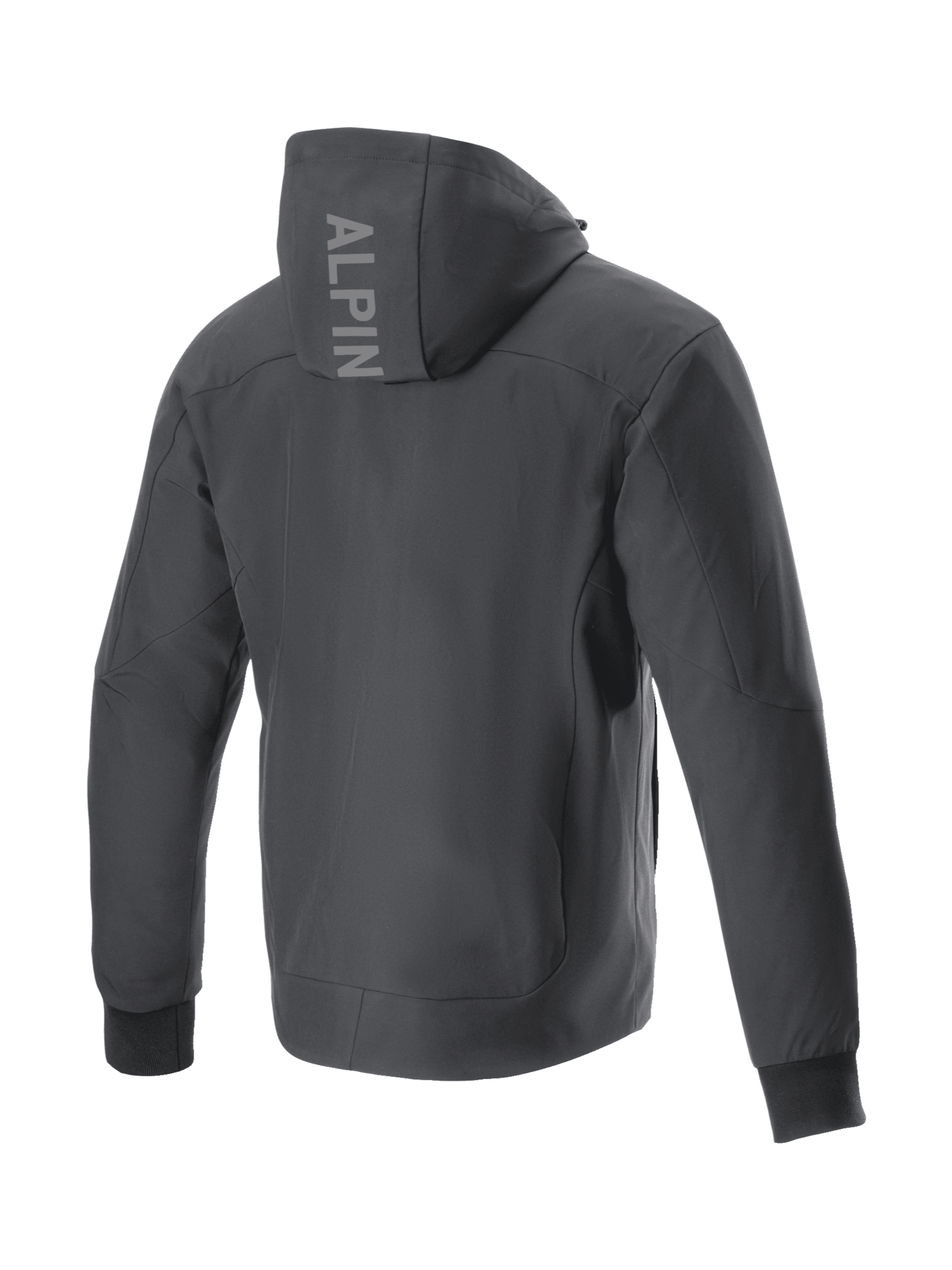 Alpinestars Radium Tech Hoodie, zwarte winddichte urban motorjas voor heren, rugaanzicht met logo op de capuchon.