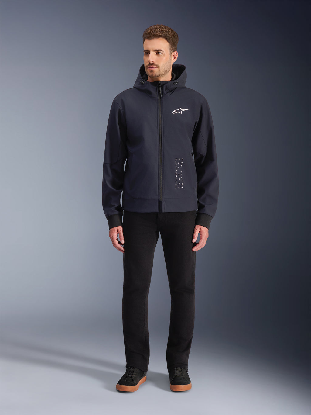 Alpinestars Radium Tech Hoodie, men's urban motorcycle jacket, black and white, windproof 3L shell, Tech-Air Ready.