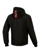 Alpinestars Radium Tech Hoodie, back view, Black with Bright Red, featuring vertical Alpinestars branding on the hood, 3-layer windproof technical shell, ribbed stretch cuffs, and a streamlined urban athletic fit.
