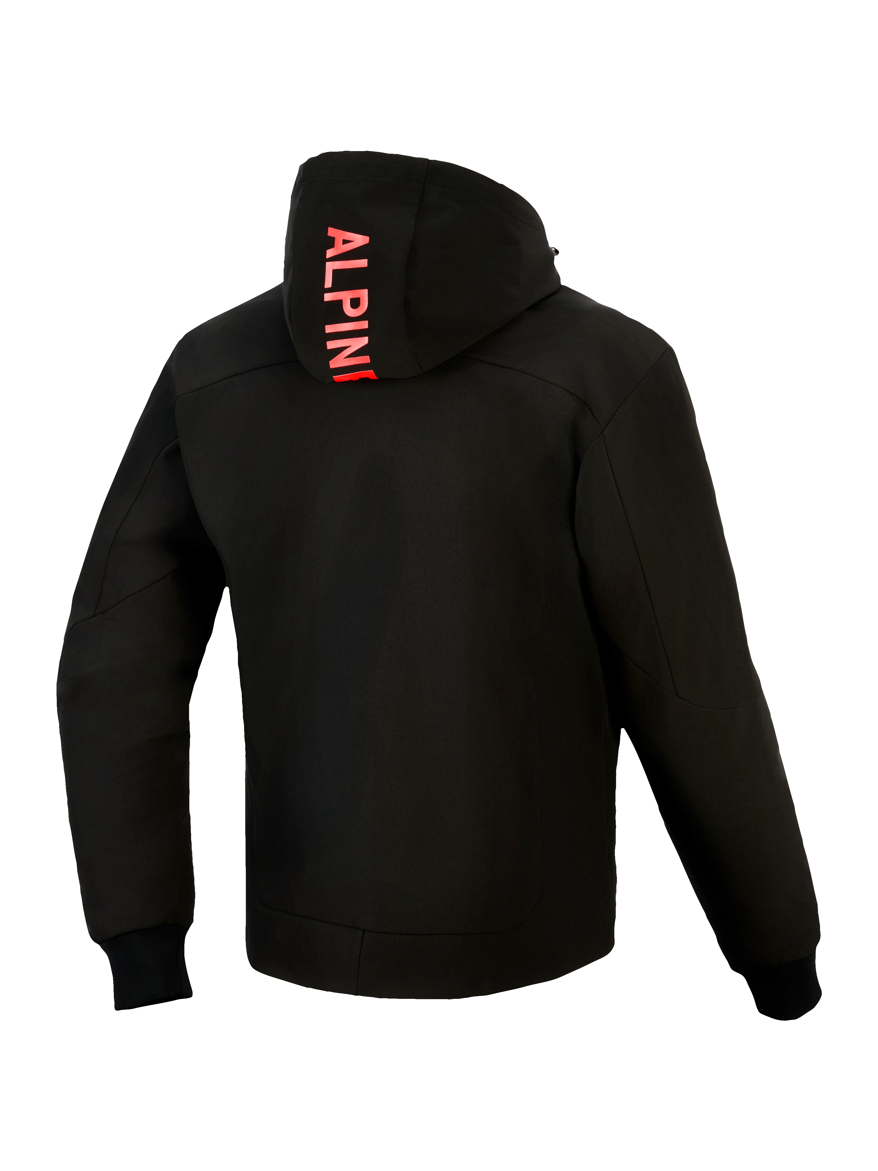 Alpinestars Radium Tech Hoodie, achteraanzicht, zwart met felrood, verticale Alpinestars-branding op de capuchon, 3-laags winddichte technische shell, geribbelde stretch manchetten, gestroomlijnde urban atletische pasvorm