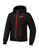 Alpinestars Radium Tech Hoodie, urban motorcycle riding jacket, Black and Bright Red, featuring a full-length red zipper, red Alpinestars logo on chest, drawstring hood, and ribbed cuffs on a technical windproof shell.