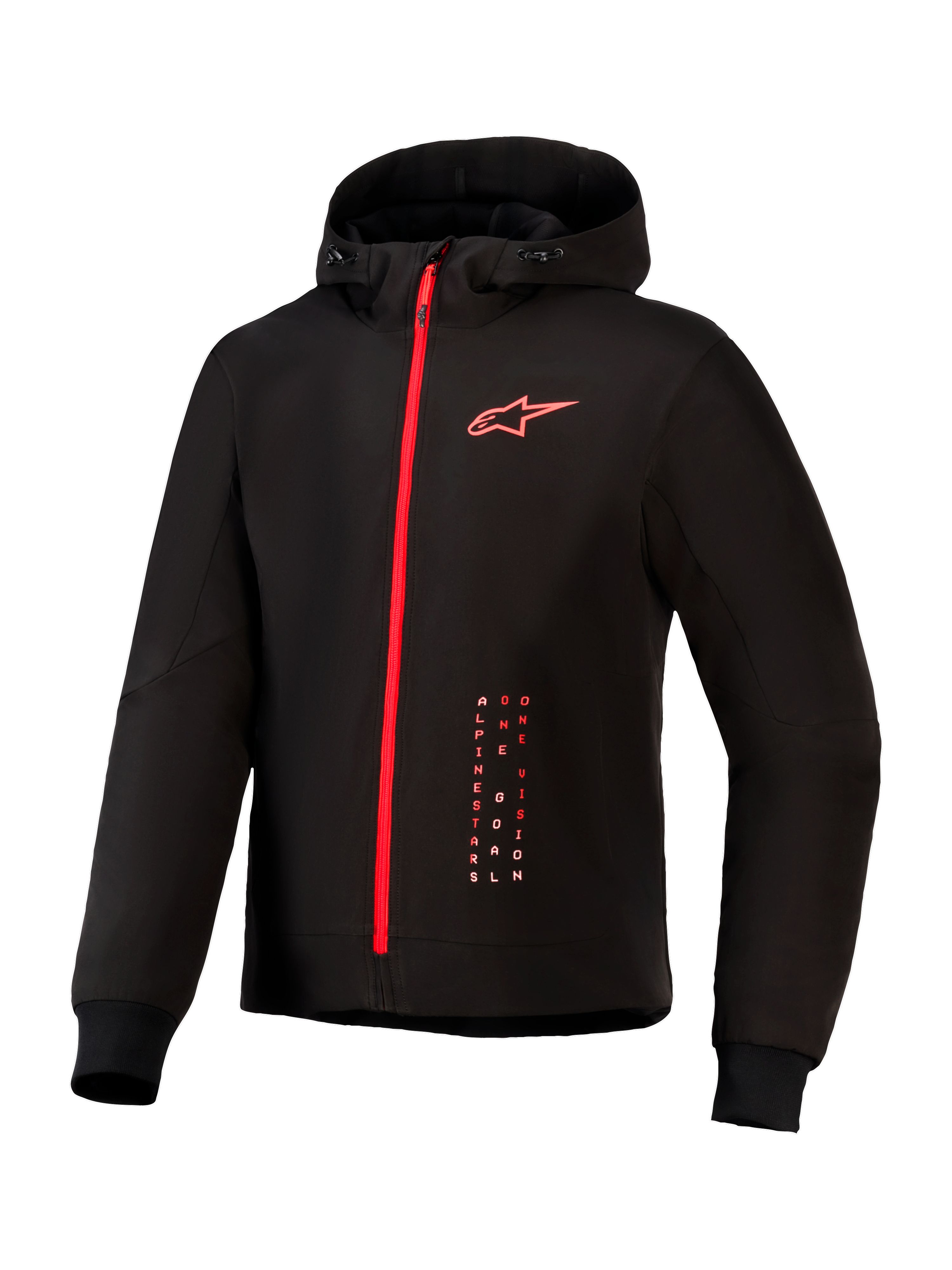 Alpinestars Radium Tech Hoodie, urban motorjas, zwart met felrood, voorzien van een rode rits over de volledige lengte, rood Alpinestars-logo op de borst, capuchon met trekkoord en geribbelde manchetten op een technische winddichte shell.