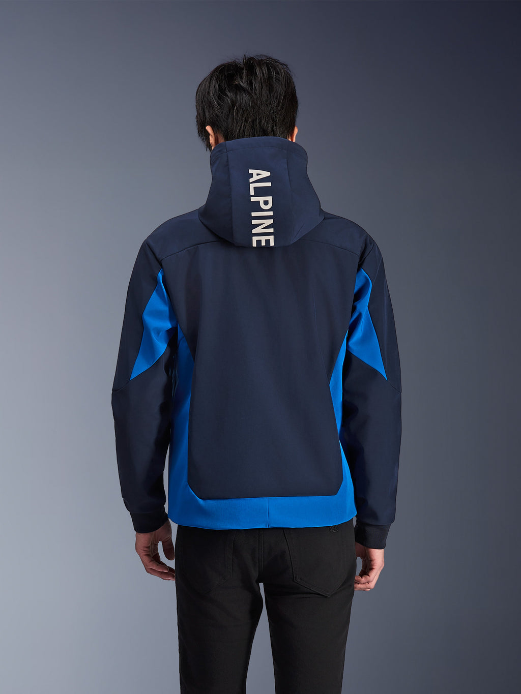 Alpinestars Radium Tech Hoodie, Night Navy en Royal Blue motorjas, achteraanzicht met witte 'ALPINE' branding op de capuchon, urban performance gear met atletische pasvorm en contrasterende kleurpanelen