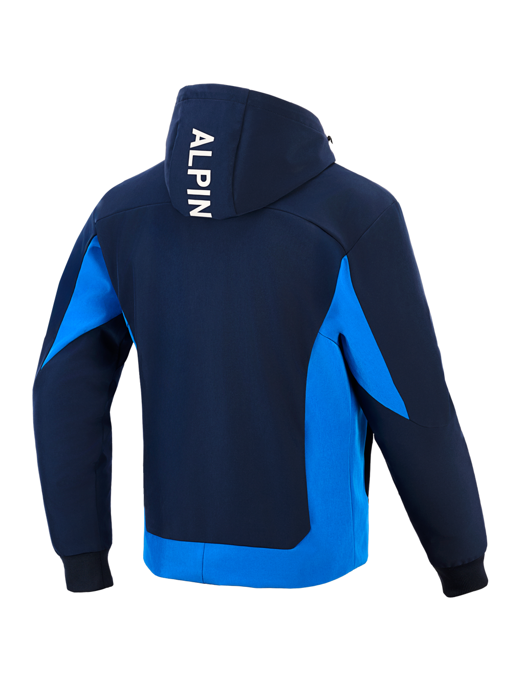 Alpinestars Radium Tech Hoodie, technische motorhoodie, Night Navy en Royal Blue, achteraanzicht met witte verticale 'ALPIN' branding op de capuchon, helderblauwe zijpanelen en zoom, geribbelde manchetten, urban atletisch ontwerp