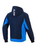 Alpinestars Radium Tech Hoodie, technische motorhoodie, Night Navy en Royal Blue, achteraanzicht met witte verticale 'ALPIN' branding op de capuchon, helderblauwe zijpanelen en zoom, geribbelde manchetten, urban atletisch ontwerp