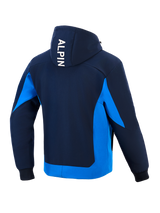 Alpinestars Radium Tech Hoodie, technical motorcycle hoodie, Night Navy and Royal Blue, rear view showing white vertical 'ALPIN' branding on the hood, bright blue side panels and lower hem, ribbed cuffs, urban athletic design