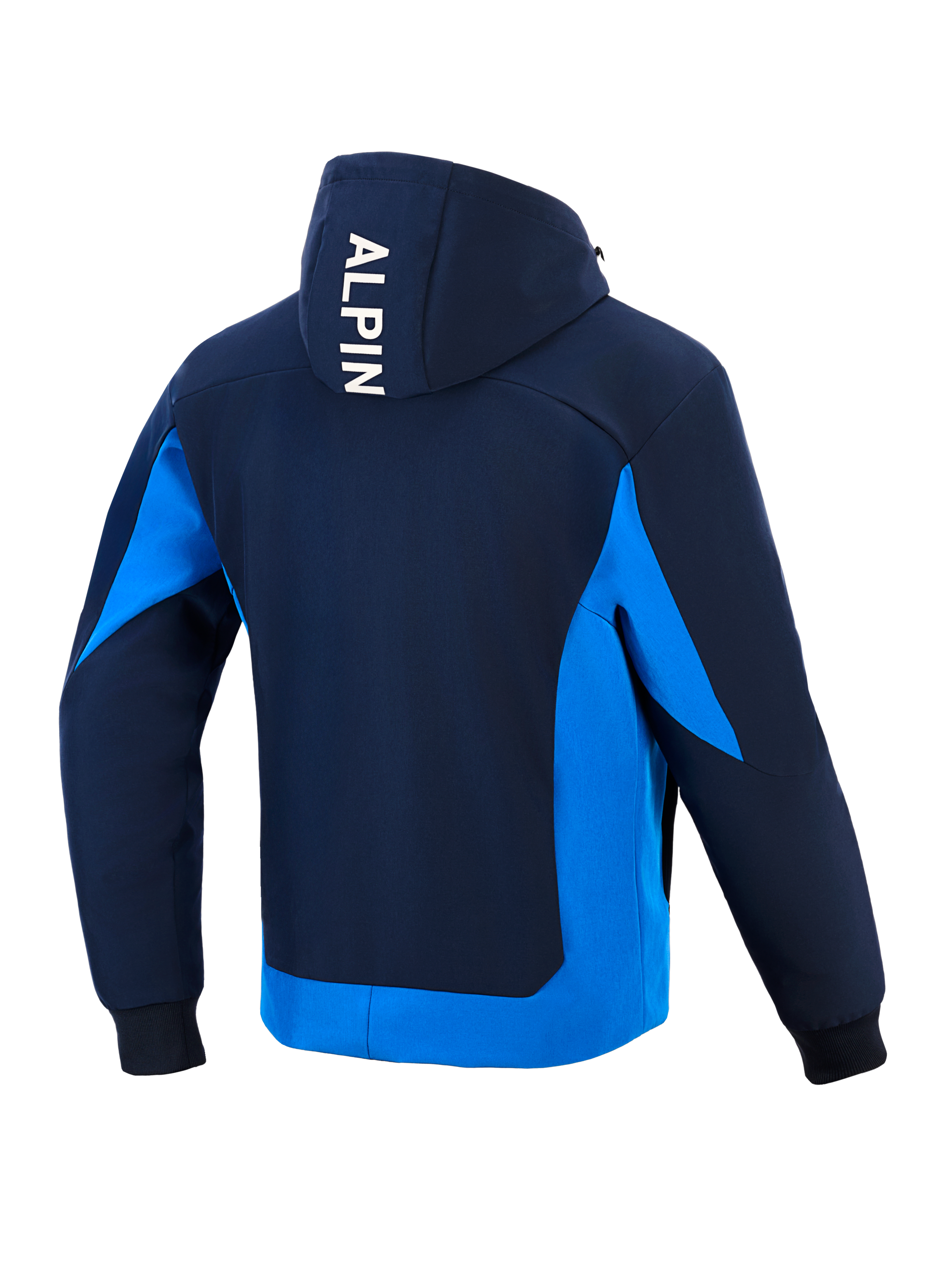 Alpinestars Radium Tech Hoodie, technical motorcycle hoodie, Night Navy and Royal Blue, rear view showing white vertical 'ALPIN' branding on the hood, bright blue side panels and lower hem, ribbed cuffs, urban athletic design
