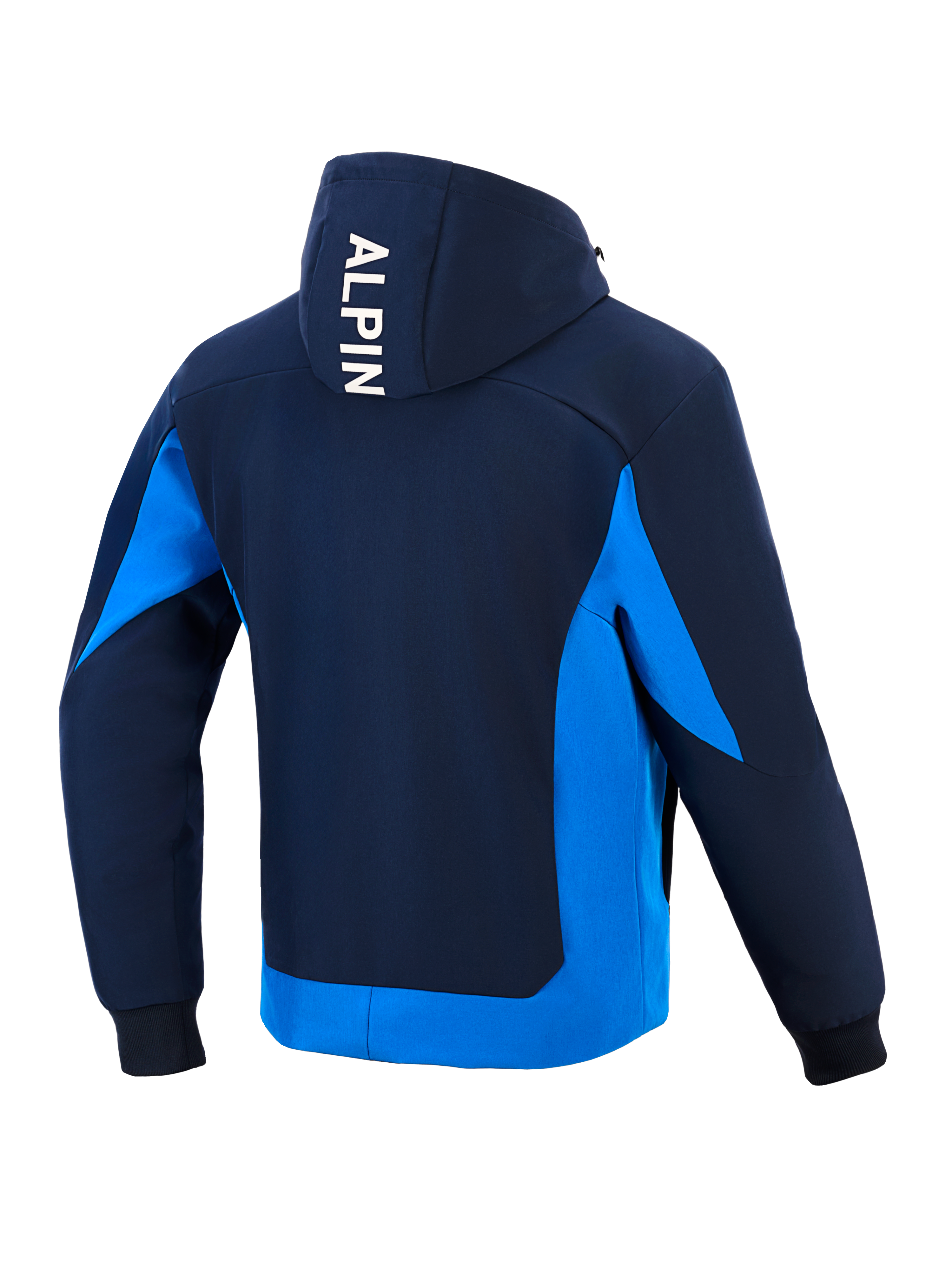 Alpinestars Radium Tech Hoodie, technische motorhoodie, Night Navy en Royal Blue, achteraanzicht met witte verticale 'ALPIN' branding op de capuchon, helderblauwe zijpanelen en zoom, geribbelde manchetten, urban atletisch ontwerp