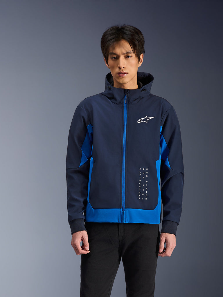 Alpinestars Radium Tech Hoodie, motorjas met capuchon, donkerblauw en lichtblauw, moderne technische constructie met rits, logo op borst, strakke pasvorm