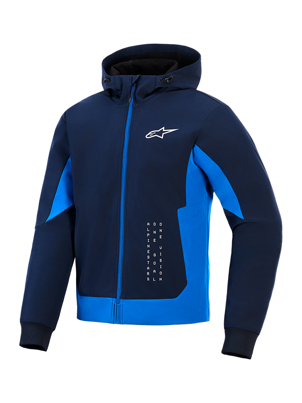 Alpinestars Radium Tech Hoodie, Night Navy en Royal Blue, technische shell-hoodie met volledige ritssluiting, wit Astar-logo en verticale branding, urban motorjas