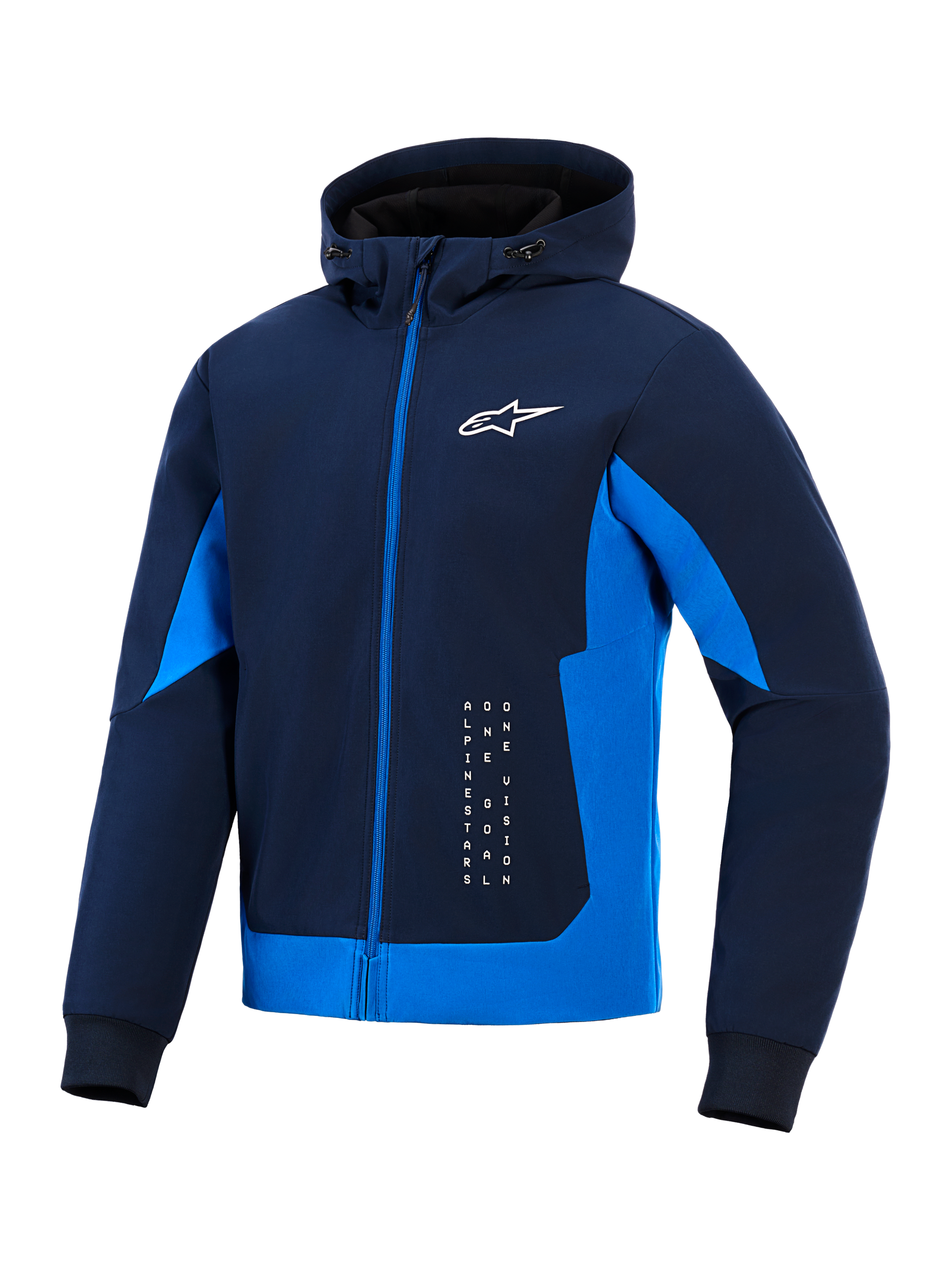 Alpinestars Radium Tech Hoodie, Night Navy and Royal Blue, technical shell hoodie with full-zip, white Astar logo and vertical branding, urban motorcycle jacket