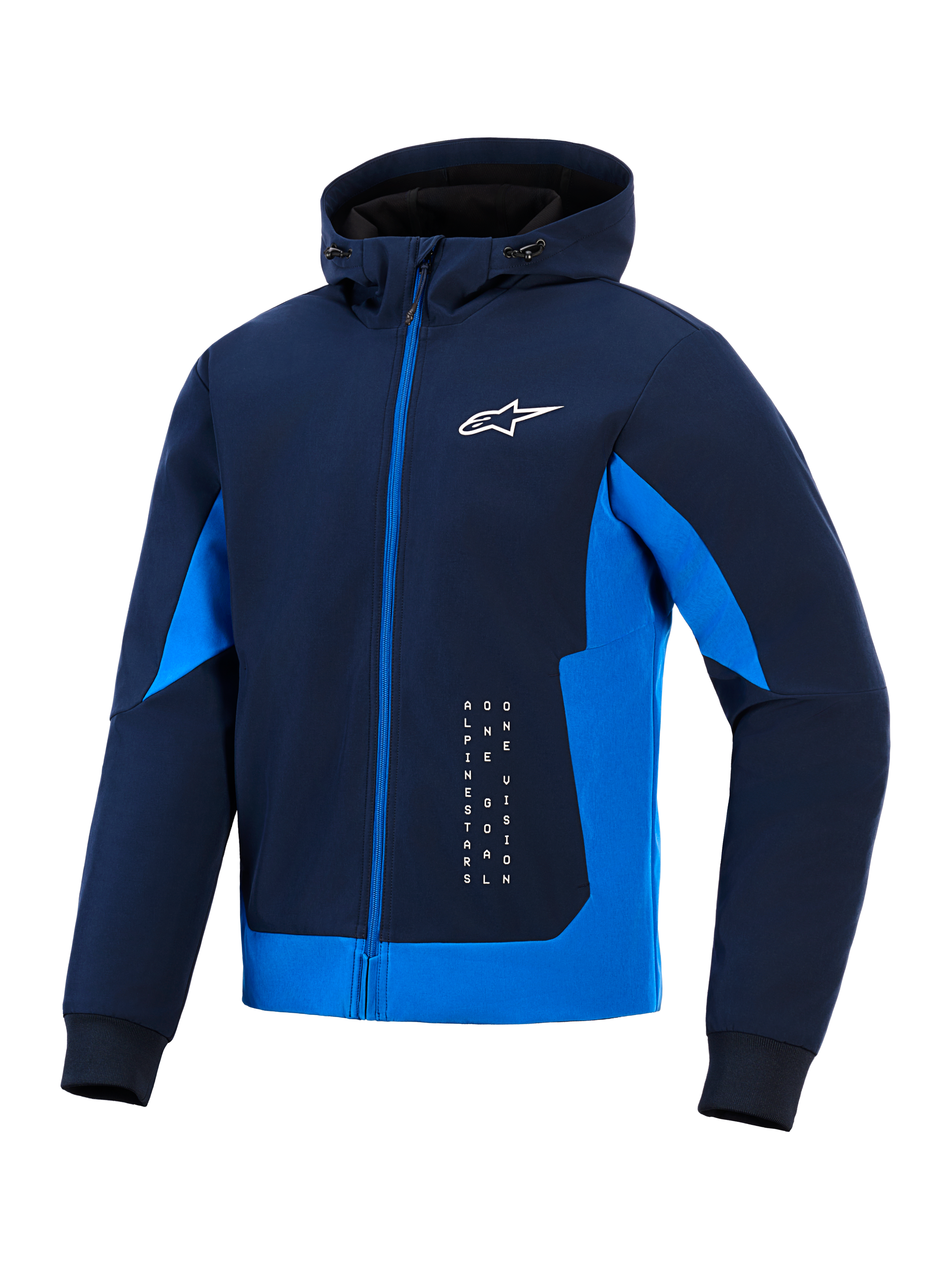 Alpinestars Radium Tech Hoodie, Night Navy en Royal Blue, technische shell-hoodie met volledige ritssluiting, wit Astar-logo en verticale branding, urban motorjas