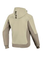 Alpinestars Radium Tech Hoodie, achteraanzicht, Mastic Aluminum, stedelijke motorjas, tweekleurig beige en grijs textielontwerp, verticale zwarte branding op de capuchon, geribde manchetten en zoom, winddichte technische shell voor stedelijk rijden.
