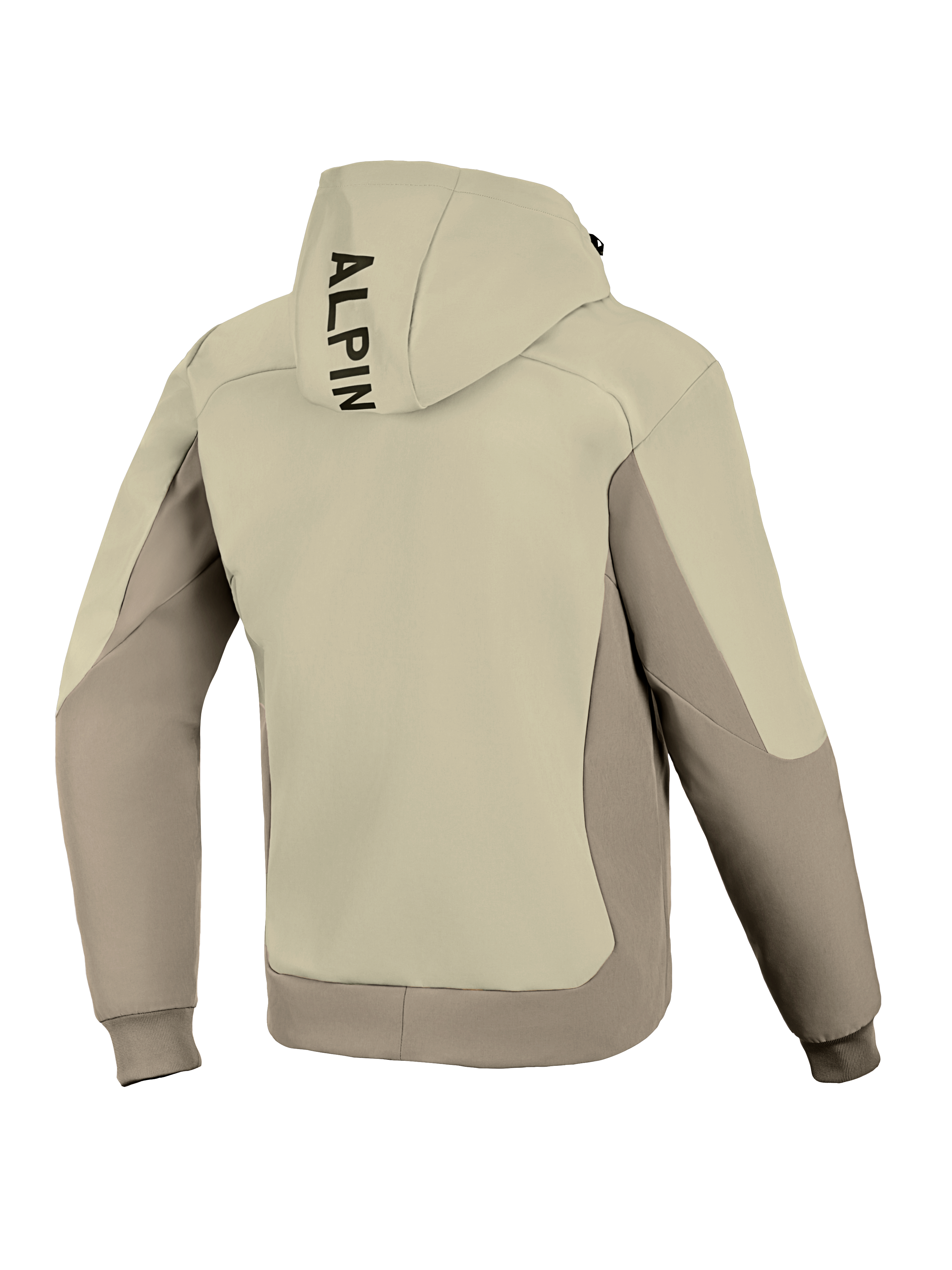 Alpinestars Radium Tech Hoodie, achteraanzicht, Mastic Aluminum, stedelijke motorjas, tweekleurig beige en grijs textielontwerp, verticale zwarte branding op de capuchon, geribde manchetten en zoom, winddichte technische shell voor stedelijk rijden.