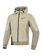 Alpinestars Radium Tech Hoodie, technische motorhoodie jas, Mastic Aluminum, ontwerp met ritssluiting met klein zwart logo op de borst en verticale graphic, winddichte buitenlaag met verstelbare capuchon