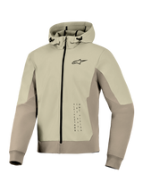 Alpinestars Radium Tech Hoodie, technische motorhoodie jas, Mastic Aluminum, ontwerp met ritssluiting met klein zwart logo op de borst en verticale graphic, winddichte buitenlaag met verstelbare capuchon